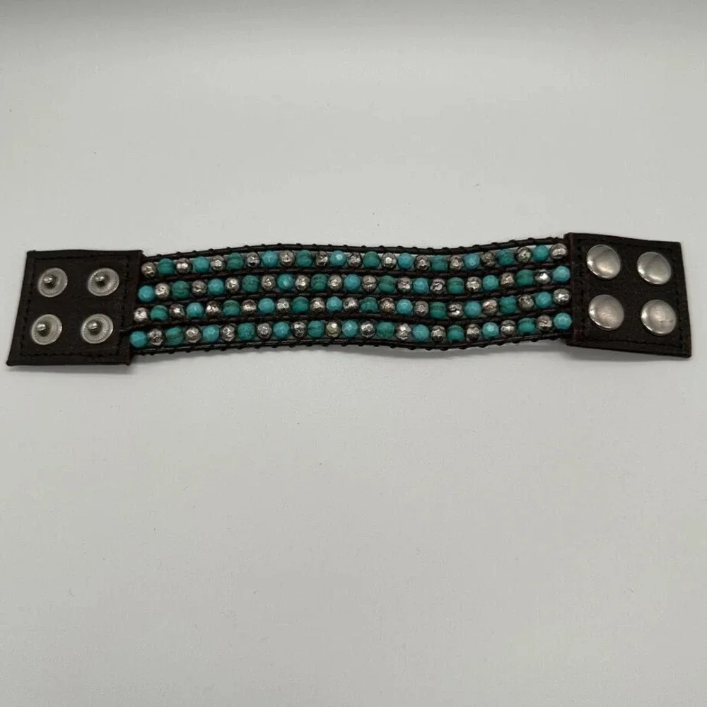 Fik Yung Boho Turquoise‎ Silver Tone Beaded Wrap Bracelet Brown Leather Snap
